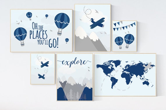 Nursery decor boy adventure, explore, nursery decor boy airplane, world map nursery, navy blue nursery, boy nursery decor, woodland nursery