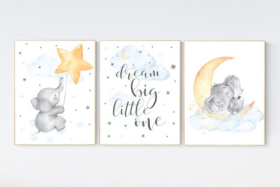 Nursery wall art elephant, dream big little one, cloud nursery decor, Nursery decor neutral, moon and stars, gender neutral nursery prints