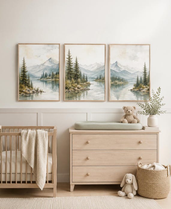 Forest Nursery Wall Art Set of 3, Woodland Landscape Prints, Green Nursery