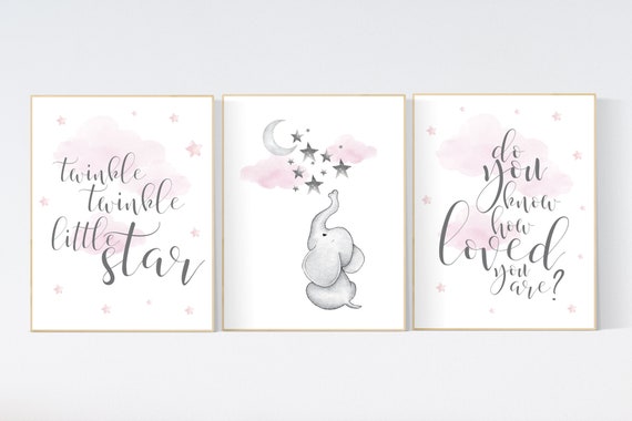 Ttwinkle twinkle little star, Moon nursery, Nursery wall art elephant, pink nursery, baby room decor girl, nursery art, baby girl room ideas