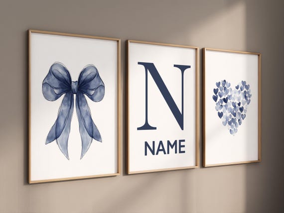 Navy bow wall art, boy nursery name print, custom navy heart decor, baby boy name prints, navy blue nursery set, gender neutral boy art