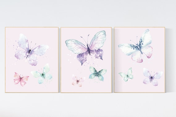 Nursery decor girl butterfly, pink, purple, teal nursery, mint pink nursery, girl room prints, baby girl nursery wall art butterfly wall art