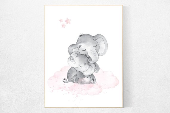 Elephant nursery art, elephant nursery print, pink and gray nursery, cloud and stars nursery, baby room decor girl, nursery prints girl