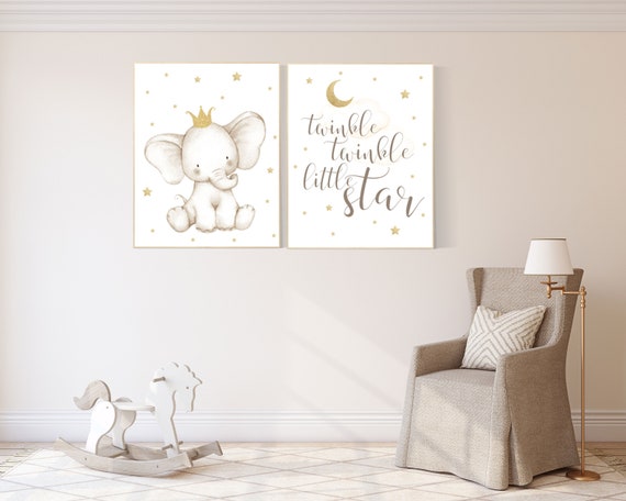 Nursery decor girl gold, Elephant nursery decor, gold nursery, girl nursery art, baby room wall art, twinkle twinkle little star nursery