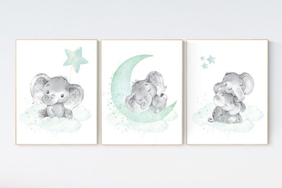 Elephant nursery art, elephant nursery print, mint nursery decor, cloud and stars nursery, baby room , gender neutral, aqua, moon and stars