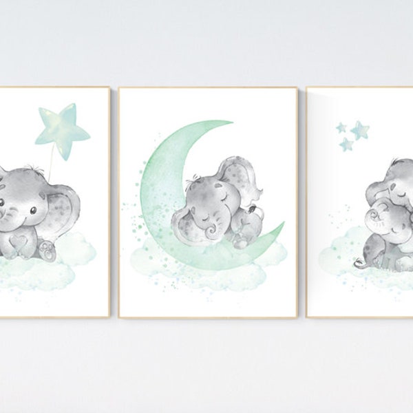 Elephant nursery art, elephant nursery print, mint nursery decor, cloud and stars nursery, baby room , gender neutral, aqua, moon and stars