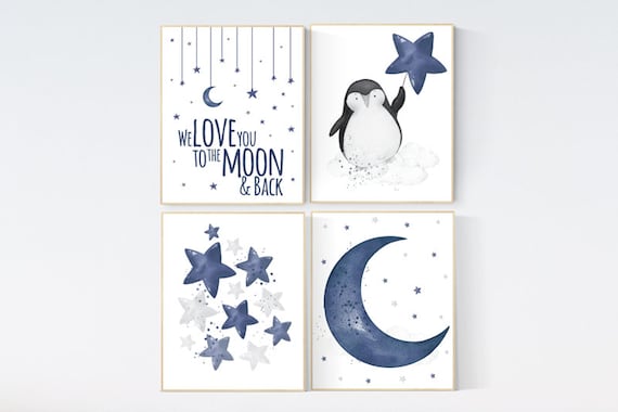 Nursery decor boy, navy nursery wall art boy, moon and stars, navy blue, penguin, navy nursery set, baby room art, nursery prints boy