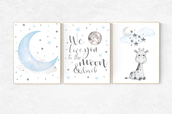 Giraffe nursery, we love you to the moon and back, Blue and gray, Nursery decor boy, nursery decor giraffe, clouds and stars, blue grey