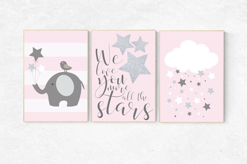 We Love You More Than All The Stars Baby Girl Nursery Wall Art Pink Gray Nursery Decor Baby Girl Pink Silver Elephant Nursery Baby Gift