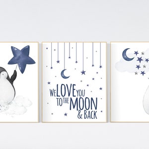 Navy nursery decor, penguin nursery, cloud and stars, navy blue nursery art. baby room wall art, boy nursery decor, nursery wall art penguin