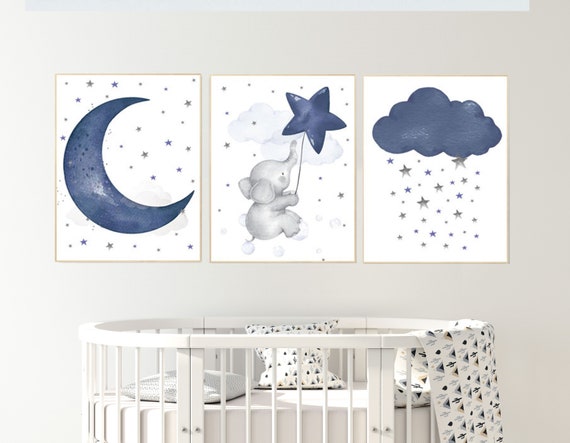 Nursery decor elephant, navy nursery decor, cloud and stars, moon and stars, navy blue nursery art. baby room wall art, elephant nursery