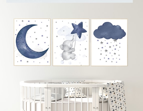 Nursery decor elephant, navy nursery decor, cloud and stars, moon and stars, navy blue nursery art. baby room wall art, elephant nursery