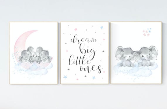 Nursery decor twins, Twin nursery, elephant nursery, moon and stars, dream big little ones, twins room decor, blue pink, boy, girl