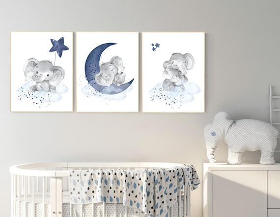 Navy nursery decor, moon and stars, navy blue nursery art. baby room wall art, boy nursery decor, set of 3, nursery prints boy, elephant art