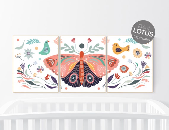 Boho nursery, butterfly nursery decor, girl nursery decor boho, butterfly print wall art, Nursery wall art girl boho, floral nursery