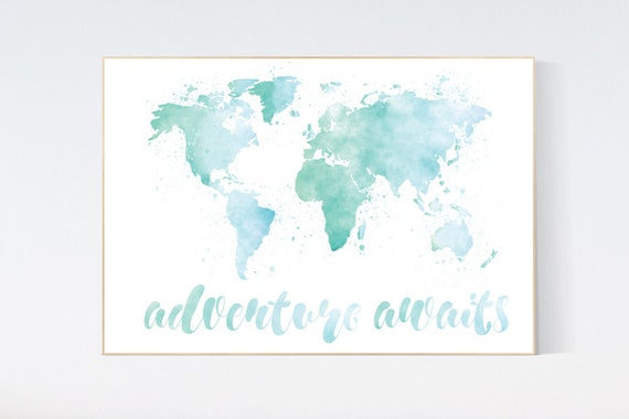 Aqua nursery decor, watercolor world map nursery wall art, teal nursery decor, turquoise nursery decor, adventure awaits, mint nursery art