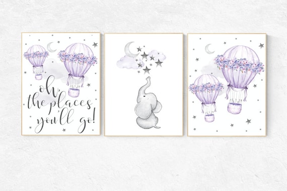 Nursery decor elephant, Nursery decor girl purple, Nursery decor girl lavender and gray, oh the places you'll go, lilac, hot air balloons