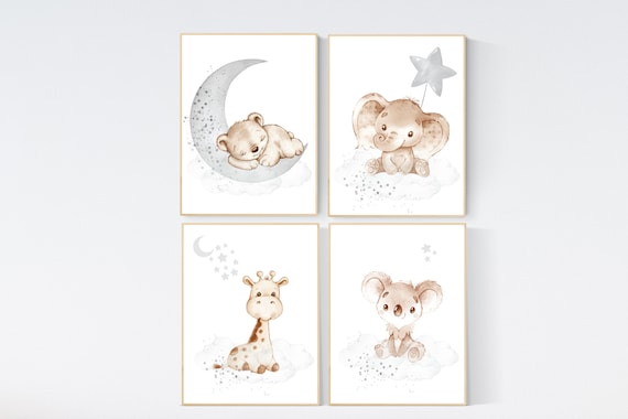 Nursery wall art animals, gray nursery, gender neutral nursery, neutral nursery, baby room decor, bear, elephant, giraffe, animal prints