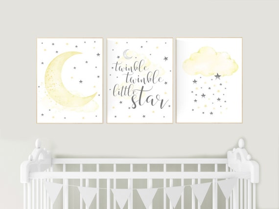 Yellow nursery decor, twinkle twinkle little star, Yellow gray, yellow grey, moon, cloud and stars nursery, gender neutral, twin nursery