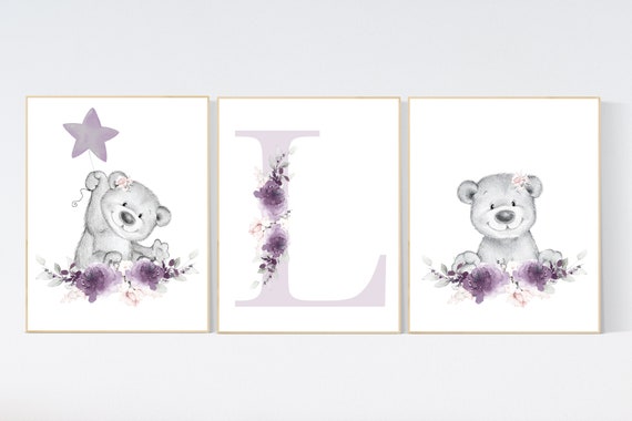Nursery decor girl purple, bear nursery, Nursery wall art, flower, violet purple, nursery prints, girl nursery wall decor, lavender, purple