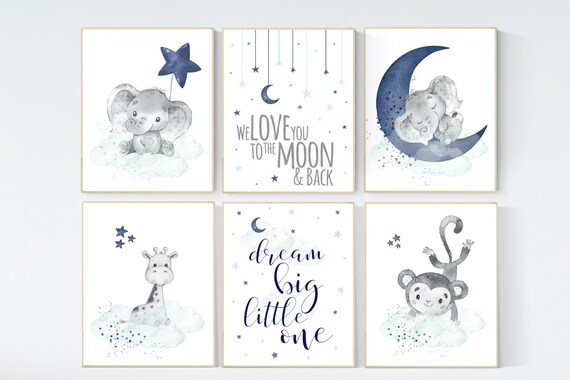 Nursery decor boy animals, nursery wall art boy, navy teal, moon and stars, navy and teal, elephant, giraffe, monkey, nursery wall decor