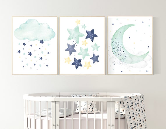 Navy teal yellow nursery decor, cloud and stars, moon and stars, navy and mint nursery art. baby room wall art, boy nursery decor, twins