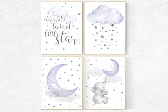 Nursery decor girl elephant, purple nursery, lavender, lilac, twinkle twinkle little star, cloud and stars nursery wall art, baby room decor