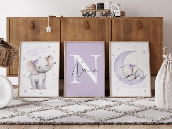 Lavender Elephant Nursery Wall Art – Personalized 3-Piece Set