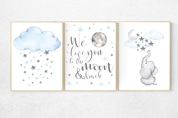 Elephant nursery, Blue and gray, we love you to the moon and back, Nursery decor boy, nursery decor, boys room, clouds and stars, blue grey