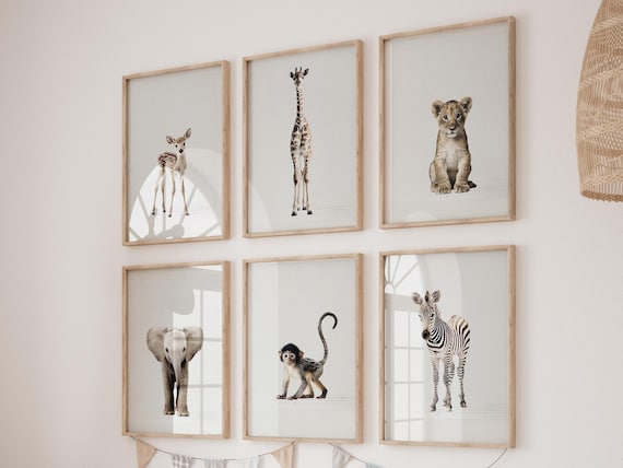 Safari Nursery Wall Art Set of 6 Prints, Neutral Baby Animal Prints