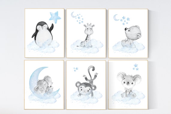 Nursery decor boy animals, nursery wall art boy, baby blue, animal prints for nursery, blue nursery wall decor, set of 6 prints, animal art