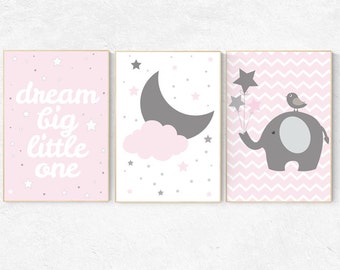 Dream Big Little One, Pink Gray Nursery Set, Girl Nursery Decor, Nursery Print, Baby Girl Pink Nursery Art, Toddler Girl Bedroom Art