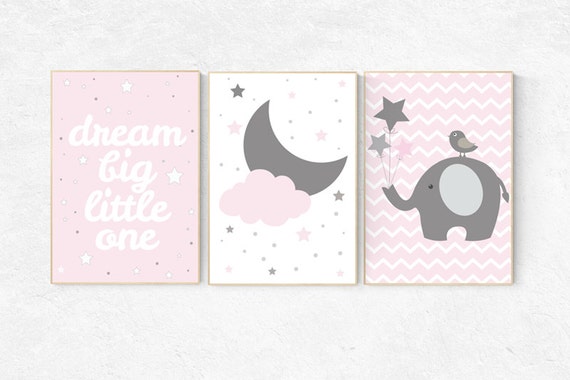 Dream Big Little One, Pink Gray Nursery Set, Girl Nursery Decor, Nursery Print, Baby Girl Pink Nursery Art, Toddler Girl Bedroom Art