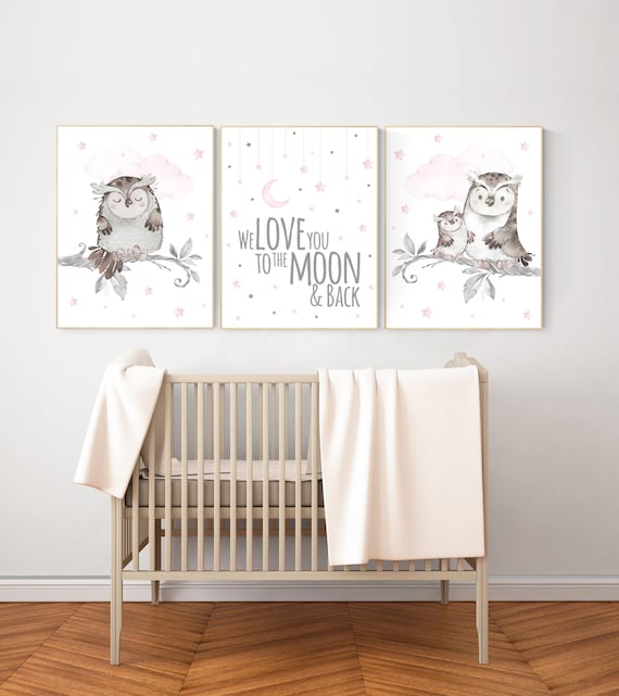 Baby girl room wall art, nursery decor girl pink and gray, owl nursery decor, pink and gray nursery, owl print for nursery, baby room art