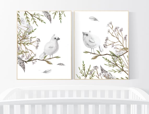 Nursery wall art birds, nursery decor gender neutral, gray nursery, nursery decor grey, baby bird nursery, gray nursery decor, neutral room