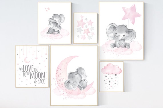 Nursery wall art girl elephant, pink grey, nursery decor girl pink, we love you to the moon and back, moon and stars, baby room decor girl