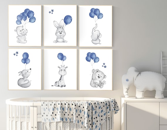Navy nursery decor, nursery wall art boy, Nursery prints animals with balloons, Nursery balloons art, giraffe, fox, bunny, elephant