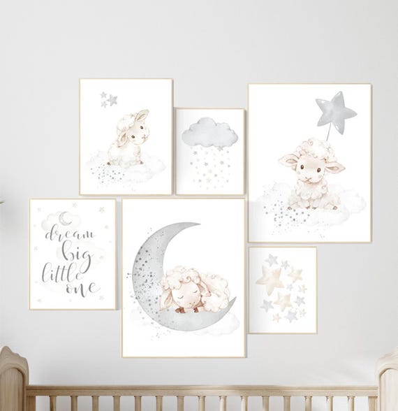 Sheep nursery decor, gray nursery, grey, sheep nursery art, lamb nursery, lamb print, Sheep nursery wall decor, gender neutral, moon, stars