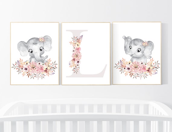 Nursery decor girl boho, elephant nursery wall art, nursery decor girl floral, nursery decor girl woodland, floral nursery, boho nursery