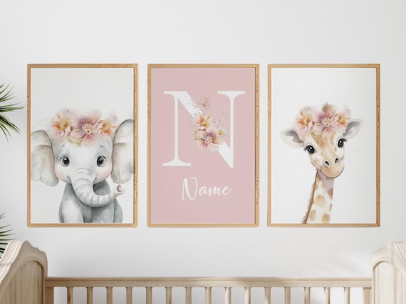 Personalized Safari Nursery Wall Art Set of 3, Elephant and Giraffe Prints