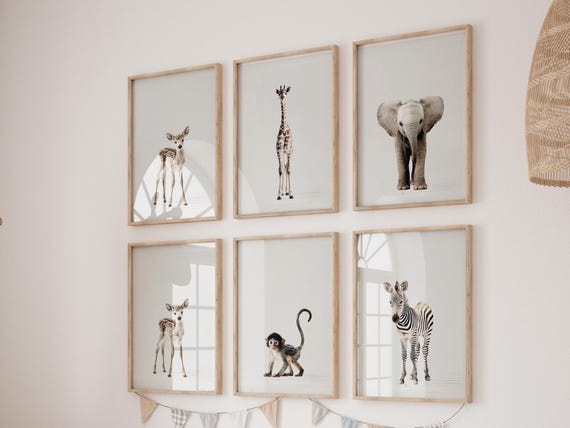 Safari Nursery Wall Art Set of 6 Prints, Neutral Baby Animal Prints
