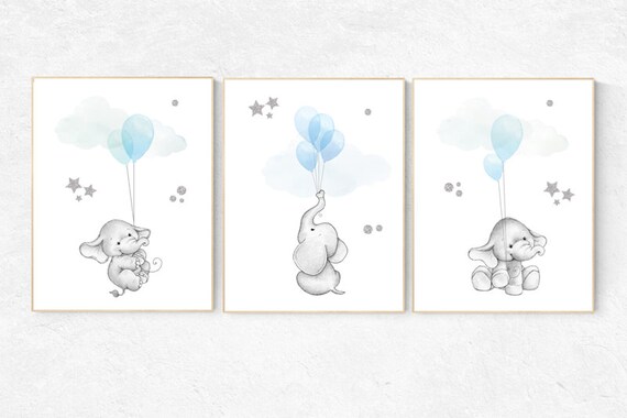 Blue and gray nursery decor, blue silver nursery decor elephant, animal prints, nursery decor boy elephant, baby room, blue silver nursery,