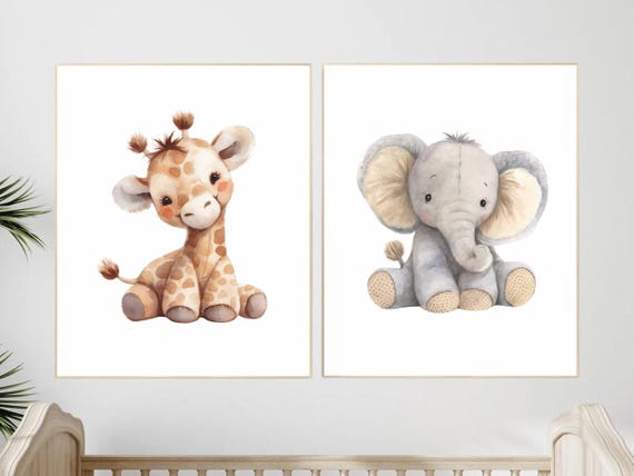 Safari Animal Nursery Prints: Plush Elephant, Giraffe