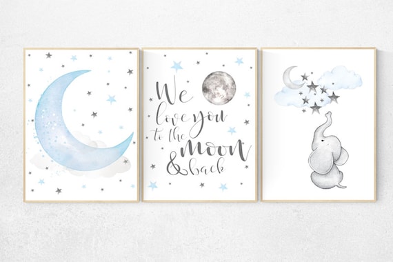 Elephant nursery, we love you to the moon and back, Blue and gray, Nursery decor boy, nursery decor, boys room, clouds and stars, blue grey