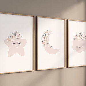 Moon nursery decor, blush pink nursery, flower nursery, nursery decor girl, star print, cloud print, girls room decor, blush nursery