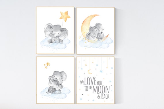 Nursery decor gender neutral, elephant prints, nursery wall art, gender neutral, blue yellow, we love you to the moon and back, wall decor