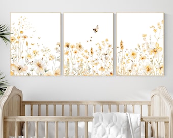 Bee & Yellow Wildflower Print Set: Neutral Botanical Nursery Art