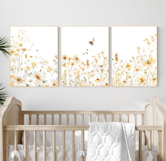 Bee and Yellow Wildflower Wall Art Set – Neutral Floral Botanical Prints for Nursery, Baby Girl Room or Boho Home Decor, Set of 3