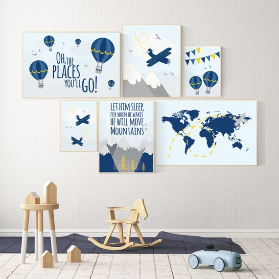 Nursery decor boy travel, Adventure nursery decor, nursery decor boy plane, world map nursery, mountain nursery, navy yellow, boy nursery