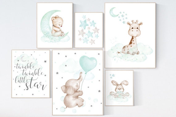 Nursery decor mint, mint green nursery, elephant, giraffe, bear nursery, dream big little one, gender neutral nursery, moon and clouds